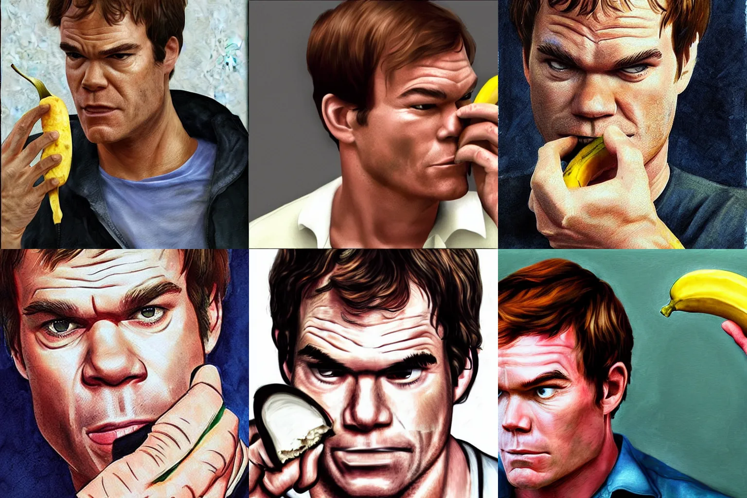 Prompt: dexter morgan crying while holding a banana, photorealistic, realism