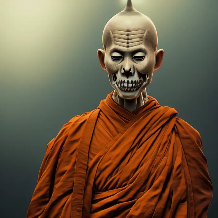 Image similar to portrait of Buddhist Monk as skeleton. intricate abstract. intricate artwork. by Tooth Wu, wlop, beeple, dan mumford. octane render, trending on artstation, greg rutkowski very coherent symmetrical artwork. cinematic, hyper realism, high detail, octane render, 8k, iridescent accents