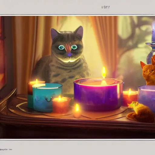 Prompt: candles and cats, art nouveau, by rachel ruysch and lisa frank, 8 k, sharp focus, octane render