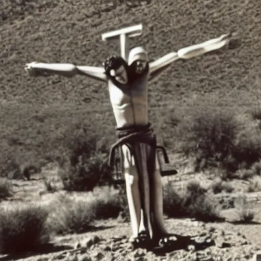 Image similar to bill gates on the cross in the desert surrounded by medical equipment. horror movie photograph.