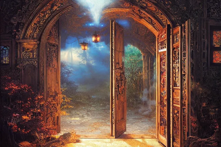 Prompt: large rustic intricately decorated wooden double door, metal handles, a view to a fantasy world, eerie back light, mist, fantasy painting by noriyoshi ohrai