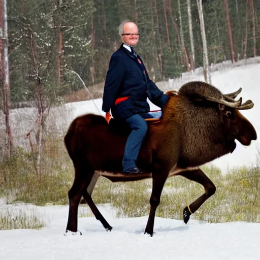 Image similar to portrait of carl xvi gustaf riding a moose into battle