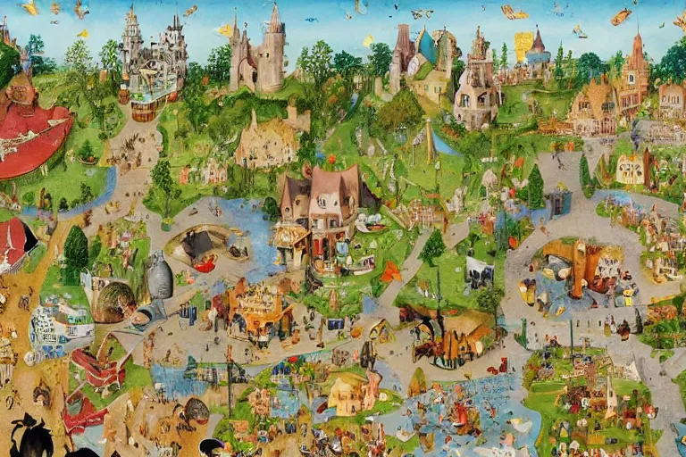Image similar to an elaborate and dense painting of a peaceful neighborhood, detailed, made of alcohol ink on parchment and penned illustrations, by richard scarry and ( ( ( ( ( hieronymus bosch ) ) ) ) ) and geoff darrow!!!!!