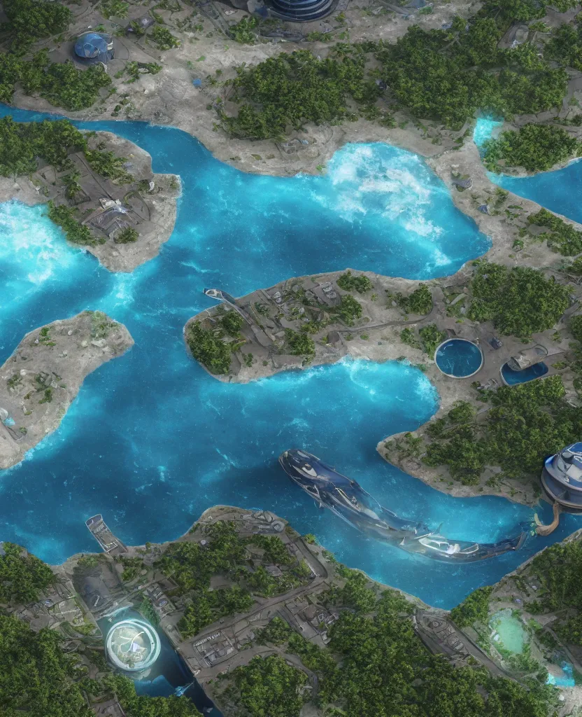 Image similar to a crescent shaped pelagic settlement floating on the water, view from above, fusion of subnautica and star trek, aquaculture farms in the water around, boats of different sizes, hyperrealistic sci - fi illustratiom, soft natural volumetric lighting, realistic 4 k unreal engine 5 beautifully detailed render, 4 k post processing, trending on artstation