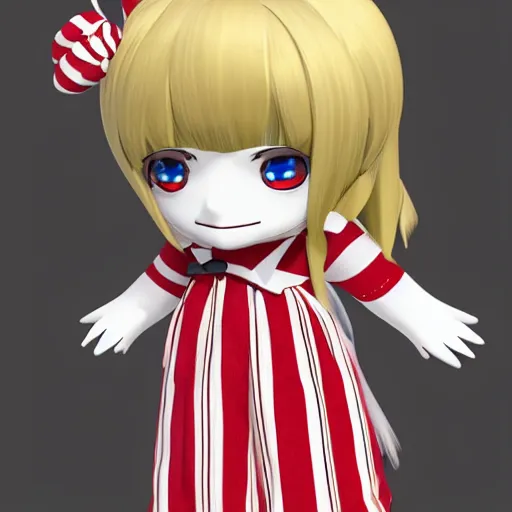 Image similar to cute fumo plush of a girl with a distinctive character silhouette, red stripes, cel shaded pbr, vray