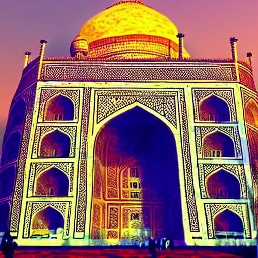 Prompt: Taj Mahal made of cheese, sunset