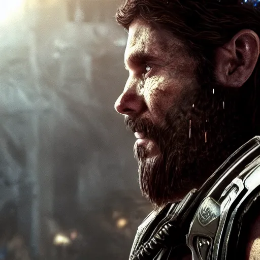 Image similar to Portrait of Jesus Christ in Gears of War, splash art, movie still, cinematic lighting, dramatic, octane render, long lens, shallow depth of field, bokeh, anamorphic lens flare, 8k, hyper detailed, 35mm film grain