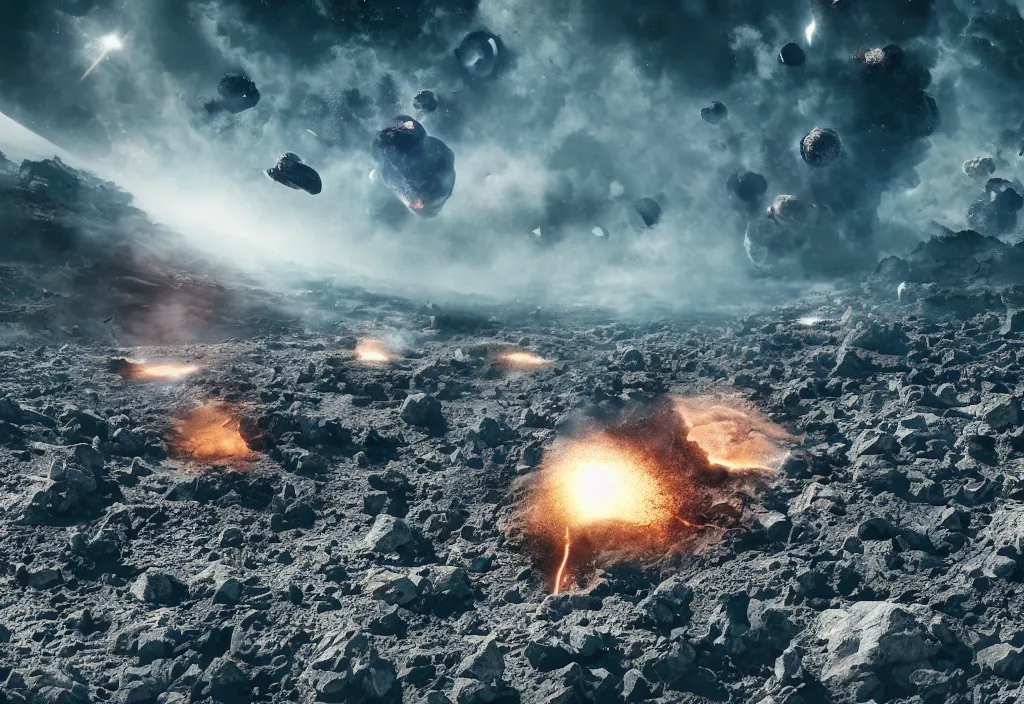 Image similar to fashion editorial of asteroids crashing on earth. gigantic explosions. wide angle shot. highly detailed. depth of field. high definition. 8k. photography.