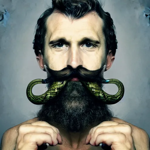 Prompt: Man with a curly moustache made out of snakes