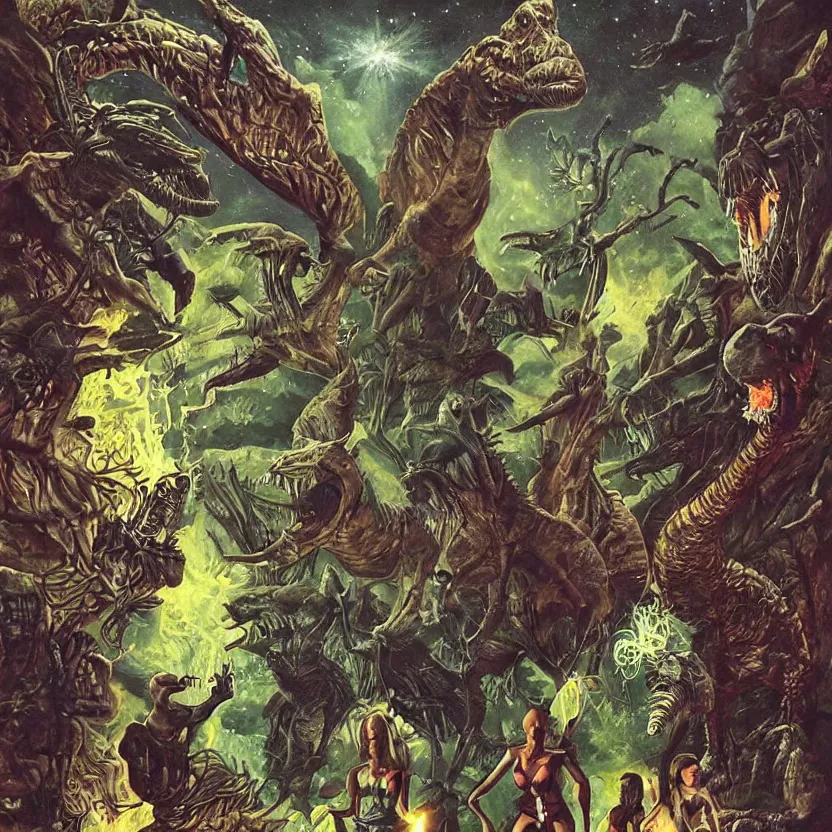 Image similar to sprites, fairies, and dinosaurs. pulp science fiction. fantasy art. dark background