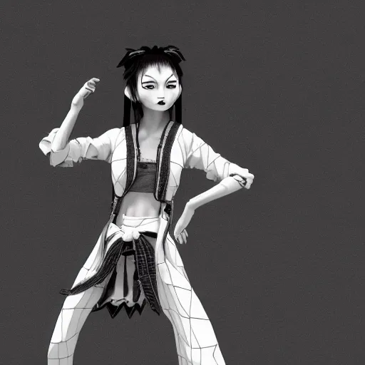 Image similar to rpg character concept art, most beautiful japanese dancers, streetwear designed by hamcus and isabel marant, in the style of jamie hewlett hiroya oku riyoko ikeda, 3 d render, artstation trending, 8 k, octane render, photorealistic, sharp detail, manga, black and white