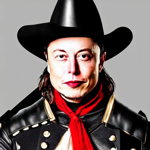 Image similar to photo of elon musk as a musketeer, he has a big black hat with a red feather, he is holding a shiny rapier sword and he is looking straight to the camera