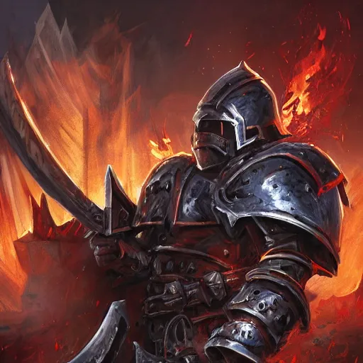 Image similar to Ares with heavy armor and sword, heavy knight helmet, dark sword in Ares's hand, war theme, bloodbath battlefield backgroubd, fiery battle coloring, hearthstone art style, epic fantasy style art, fantasy epic digital art, epic fantasy card game art