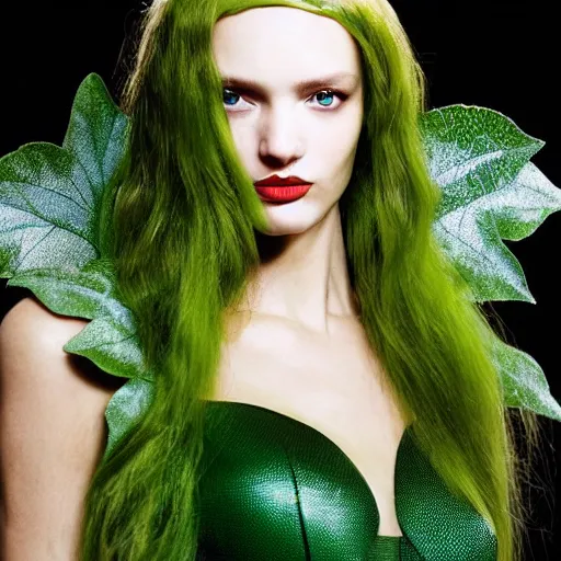 Image similar to A beautiful portrait of Daria Strokous as Poison Ivy from Batman as a Versace fashion model Spring/Summer 2010, highly detailed, in the style of cinematic, Getty images, Milan fashion week backstage, Makeup by Pat McGrath, Hair by Guido Palau, Greg rutkowski
