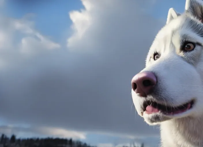 Image similar to film still of an anthropomorphic standing upright man dog white vested husky!!!!!! in a white vest wearing a white vest!!!!! in the new sci - fi movie, 8 k