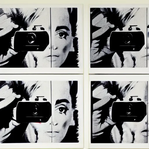 Image similar to person, woman, man, camera, t. v., five panels, andy warhol,