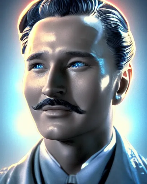 Image similar to Errol Flynn as a scientist. 1980s dystopian Soviet Russia, propaganda screens. Unreal engine, fantasy art by Yuliya Litvinova. Faithfully depicted facial expression, perfect anatomy global illumination, radiant light, detailed and intricate environment