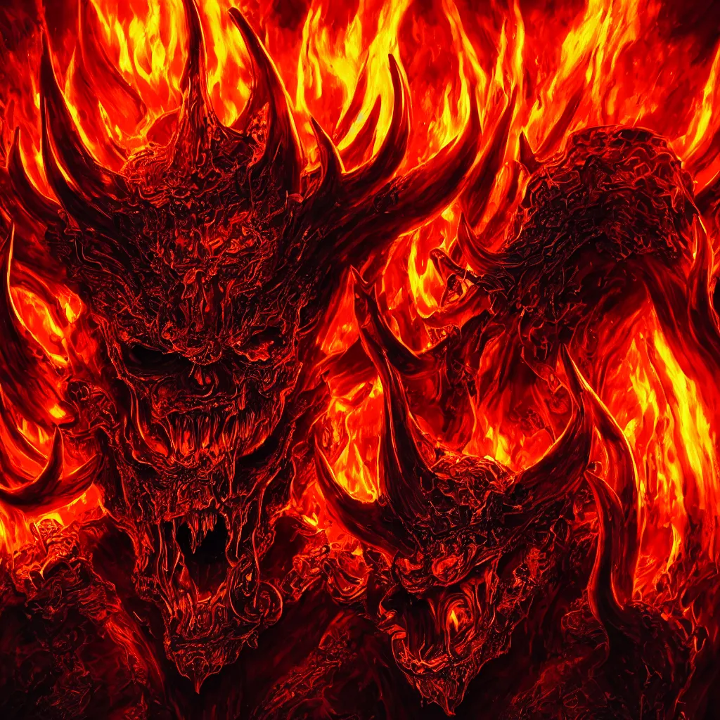 Prompt: close-up macro portrait of the face of the devil engulfed in hell's fury, epic angle and pose, ornate, symmetrical artwork, 3d with depth of field, blurred background, shadow figures with skulls in the background, translucent, nautilus, energy flows of and fire evil energy. a highly detailed epic cinematic concept art CG render. made in Maya, Blender and Photoshop, octane render, excellent composition, cinematic dystopian brutalist atmosphere, dynamic dramatic cinematic lighting, aesthetic, very inspirational, arthouse. y Greg Rutkowski, Ilya Kuvshinov, WLOP, Stanley Artgerm Lau, Ruan Jia and Fenghua Zhong