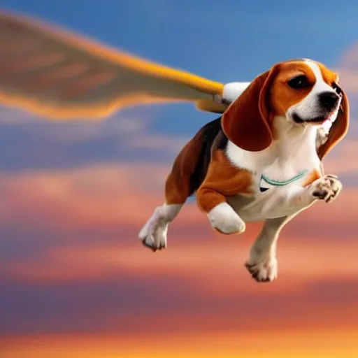 Image similar to a beagle flying in the sky using it's ears as wings, warm colors, cute