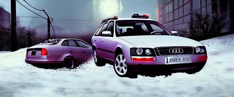 Image similar to Audi A4 B6 Avant (2002), a gritty neo-noir, dramatic lighting, cinematic, eerie person, death, homicide, homicide in the snow, viscera splattered all over the car, gunshots, establishing shot, extremely high detail, photorealistic, arson, burning city, cinematic lighting, artstation, by simon stalenhag, Max Payne (PC) (2001) winter New York at night, In the style of Max Payne 1 graphic novel, flashing lights, Poets of the Fall - Late Goodbye