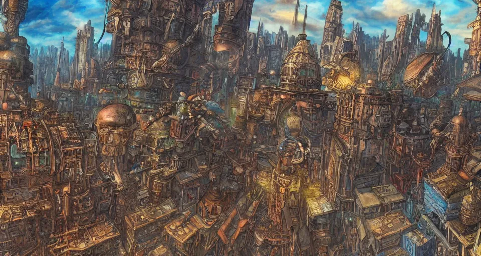 Prompt: colored pencils an epic fantasy comic book style painting of a steampunk city with airships flying above it, fine details, no repeat, concept design, contrast, kim jung gi, pixar and da vinci, trending on artstation, 8 k, ultra wide angle