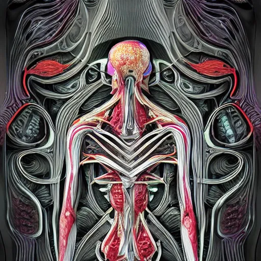 Prompt: long shot human robot made out of meat anatomical render in the style of alex grey hr giger, with an ornate fractal background featuring psychedelic eyes