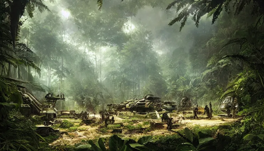 Prompt: a beautiful painting of an archaeological excavation of the battlestar galactica in a lush jungle, ray traced lighting by kalin popov and greg rutkowski