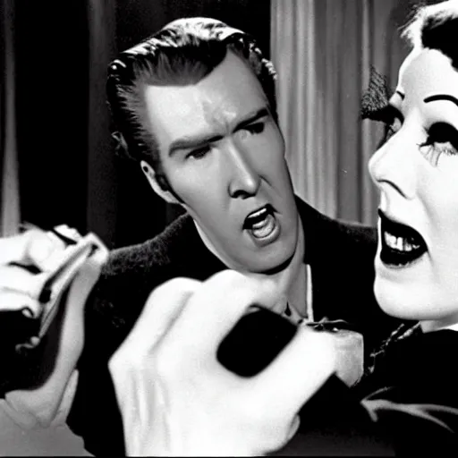 Image similar to scene from the horror picture show with james stewart!!!! james stewart!!!! is acting surprised and holds a revolver