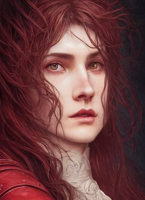 Image similar to vertical portrait of a ruggedly handsome female cleric, soft hair, close - up face, leather, witchy, d & d, fantasy, intricate, elegant, highly detailed, digital painting, artstation, concept art, smooth, sharp focus, illustration, art by artgerm and greg rutkowski and alphonse mucha, plain red background