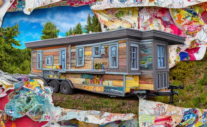 Image similar to hyperdetailed tinyhouse, seen from the distance. along a maximalist river made of paper and unexpected interesting fabric elements. 8 x 1 6 k hd mixed media 3 d collage in the style of a childrenbook illustration in soft natural tones. matte background no frame hd