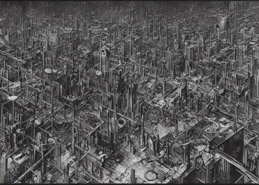 Prompt: dystopian metropolis, panoramic view, very complex architecture, ominous, dark, by bruce pennington, by m. c. escher, by roberto matta