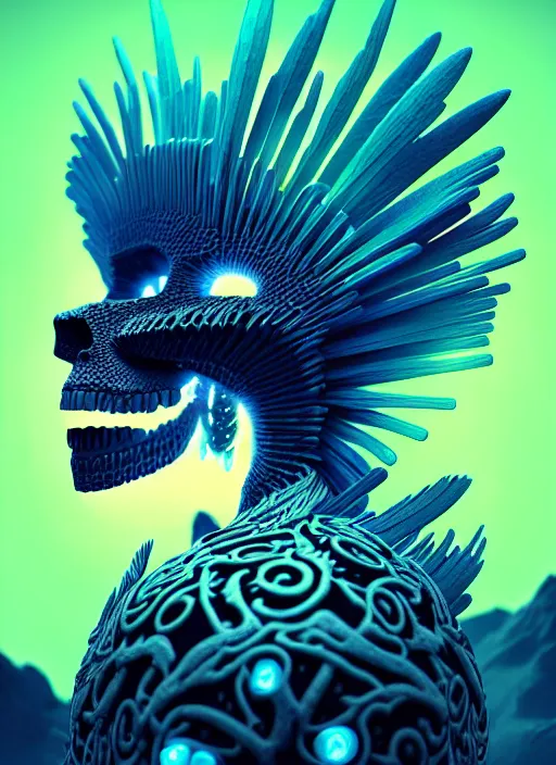 Image similar to 3 d shaman profile portrait, sigma 5 0 0 mm f / 5. beautiful intricate highly detailed quetzalcoatl skull and feathers. bioluminescent, plasma, lava, ice, water, wind, creature, thunderstorm! artwork by tooth wu and wlop and beeple and greg rutkowski, 8 k trending on artstation,