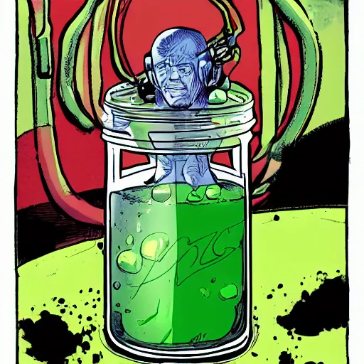 Prompt: pthe head of tom cruise in a jar with transparent green liquid. Illustration, marvel comic, inked and colored