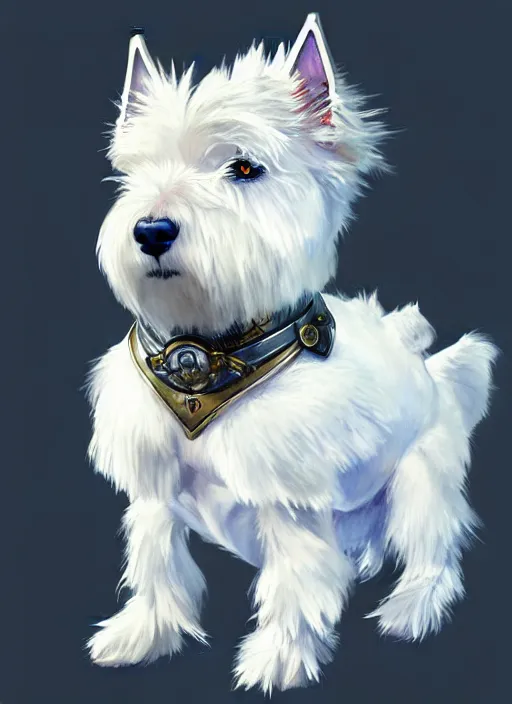 Image similar to a west highland white terrier, anime art style, wearing futuristic, led - lit armor, and a cannon mounted on his back, portrait, high detail, sharp focus, digital painting, artstation, concept art, art by hayao miyazaki and artgerm and greg rutkowski and alphonse mucha.