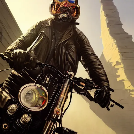 Image similar to highly detailed portrait of youngthank you very much a biker rabbit in gta v, stephen bliss, unreal engine, fantasy art by greg rutkowski, loish, rhads, ferdinand knab, makoto shinkai and lois van baarle, ilya kuvshinov, rossdraws, tom bagshaw, global illumination, radiant light, detailed and intricate environment