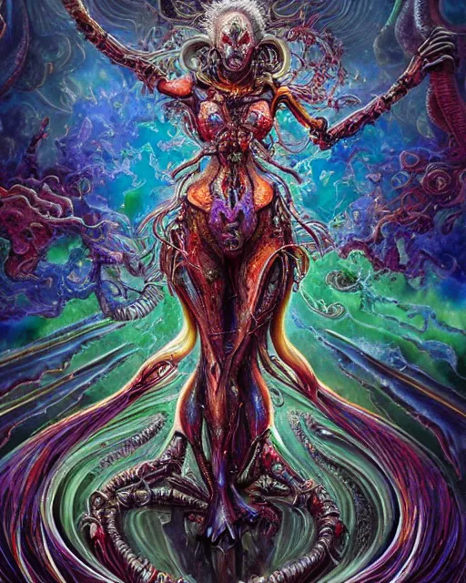 Image similar to silver mechanical charred bloody fleshmetal cyborg daemonhost woman psychedelic flamer of tzeentch with extra arms, blue and green rainbow fire, by antonio j. manzanedo, alex grey, android jones, wayne barlowe, raymond swanland, cyril rolando, josephine wall, harumi hironaka, cronenburg, trending on artstation