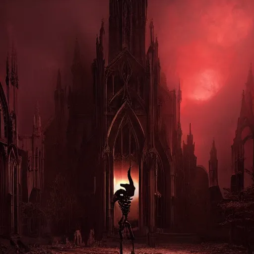 Image similar to full body pose monster skeleton flesh, scary, terrifying, volumetric lighting, gothic church on background, red glow, by greg rutkowski and ivan shishkin