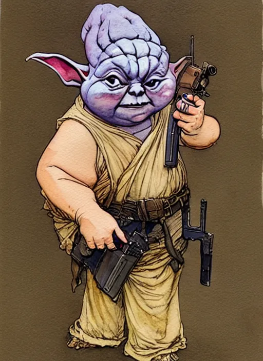 Image similar to a realistic and atmospheric watercolour fantasy character concept art portrait of a fat sleazy homeless chibi yoda wearing a wife beater and holding a handgun, by rebecca guay, michael kaluta, charles vess and jean moebius giraud