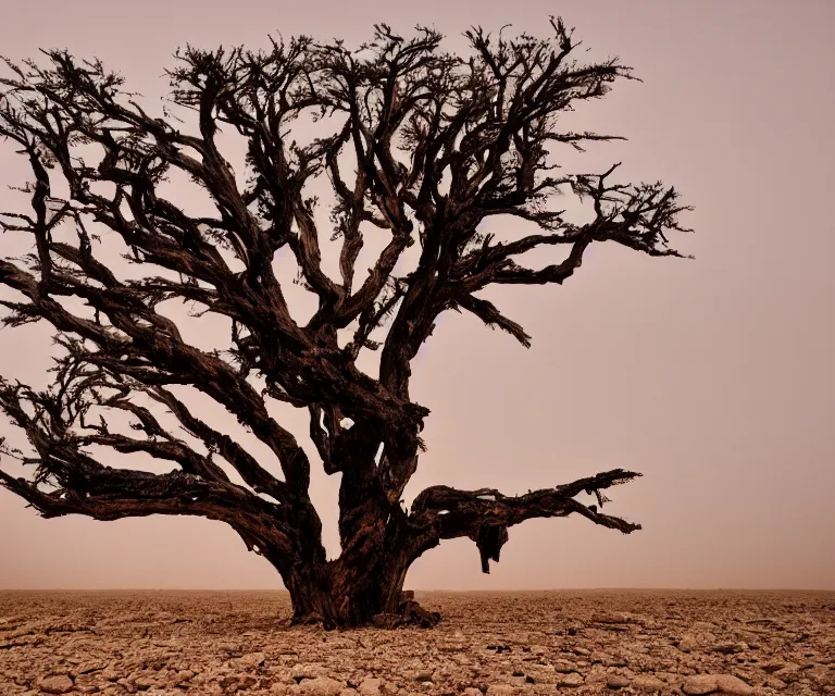 Image similar to an isolated ancient tree in the middle of a barren dessert, bleak, sandy, foggy, sunrise, dreary