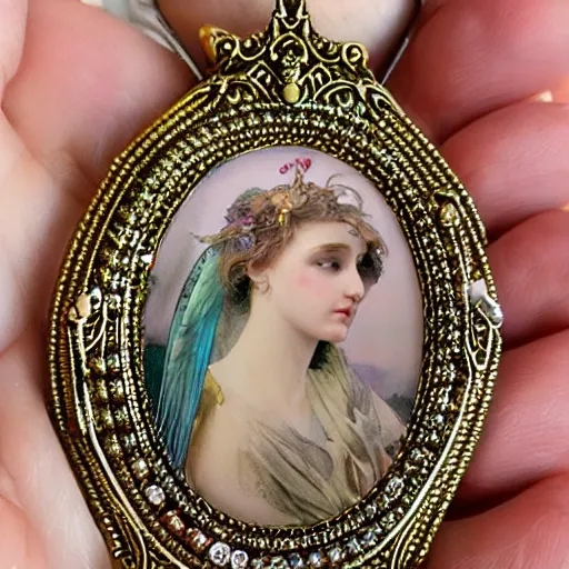 Image similar to hyperrealistic detailed necklace made like seraphim angel with cinematic sharp focus 8 k in style of alfons mucha as a necklace