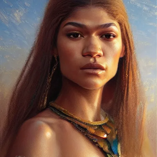 Image similar to zendaya, closeup portrait art by donato giancola and greg rutkowski, realistic face, digital art, trending on artstation, symmetry!!