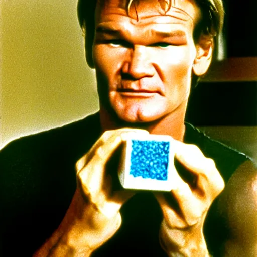 Prompt: patrick swayze eating a cola cube, photograph,