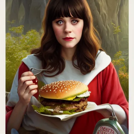 Image similar to portrait of Zooey Deschanel eating hamburgers, extra onions and ketchup, luscious patty with sesame seeds, feminine ethereal, handsome, D&D, fantasy, intricate, elegant, highly detailed, digital painting, artstation, concept art, matte, sharp focus, illustration, art by Artgerm and Greg Rutkowski and Alphonse Mucha