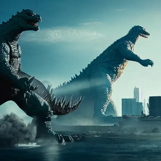 Prompt: giant white man fighting Godzilla in the city, 4k