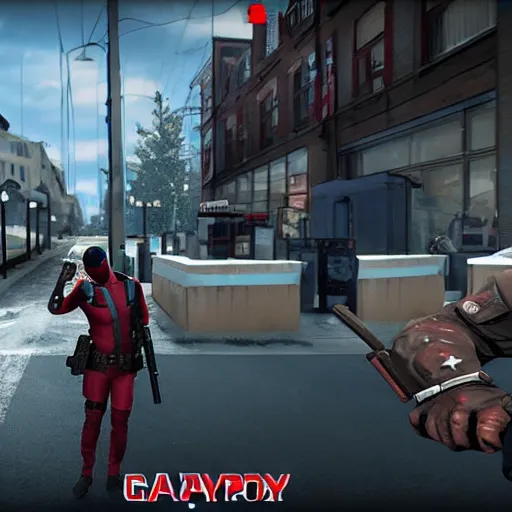 Image similar to Screenshot from the PC game Payday 2 demonstrating the Deadpool crossover