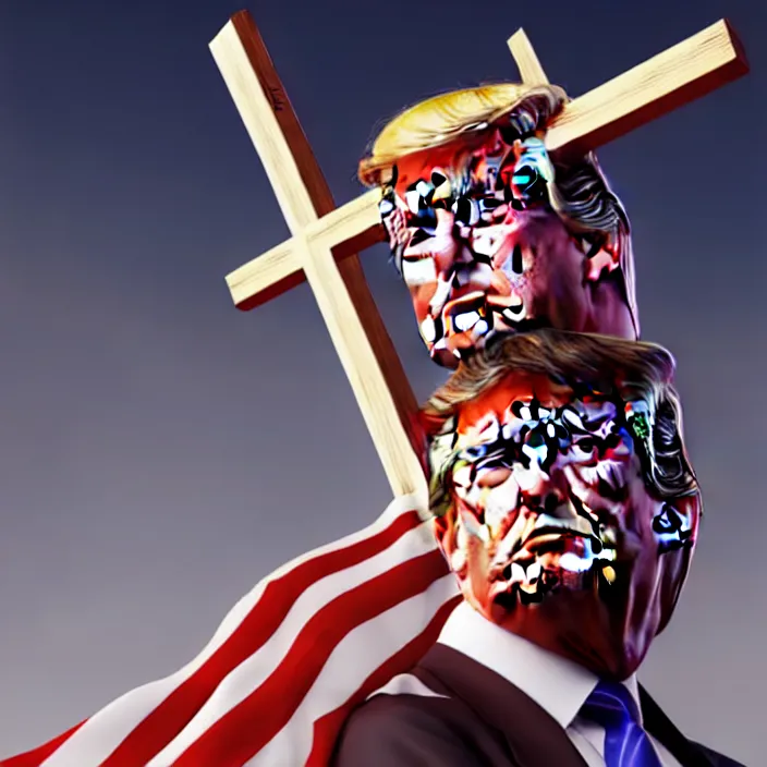 Image similar to epic professional digital art of trump on the cross, best on artstation, cgsociety, wlop, Behance, pixiv, cosmic, epic, stunning, gorgeous, much detail, much wow, masterpiece by Dorian Cleavanger and Stanley Lau