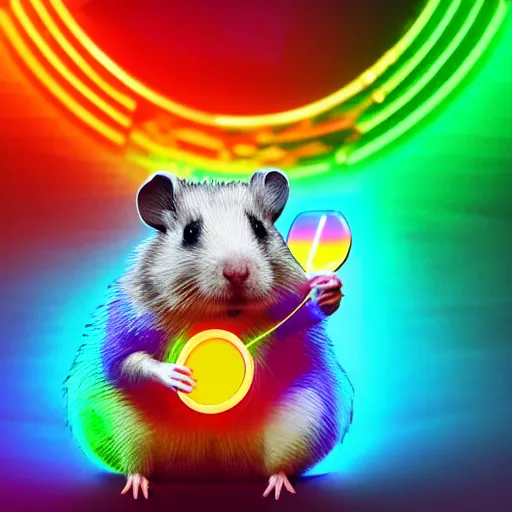 Image similar to cyberpunk hamster! holding rainbow! gem! crystal, neon lights, light reflection, 8 k, hd