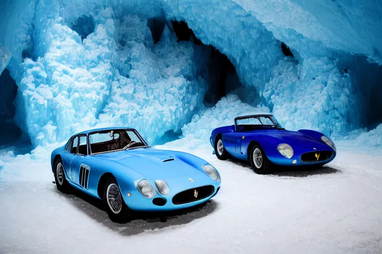 Image similar to cinematography of Ferrari 250 GTO series 2 in a blue ice cave by Emmanuel Lubezki