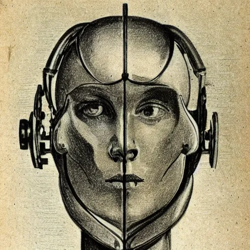 Image similar to drawing in a science book from 1900 of a cyborg, symmetrical