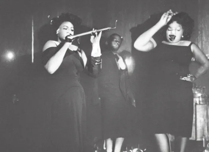 Image similar to a close up photograph of a black female singer, in a red dress, on stage, with her band, 1 9 3 0 s jazz club, smoke, color photograph - filled room